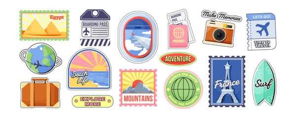 Colorful travel sticker set in cartoon style on white background, themed around adventure and journeys. Vector illustration © GN.STUDIO