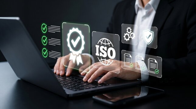 Digital interface displaying ISO certification standards and automated document compliance workflow for corporate governance

