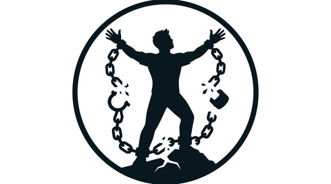 Silhouette of a man breaking chains on a hill.