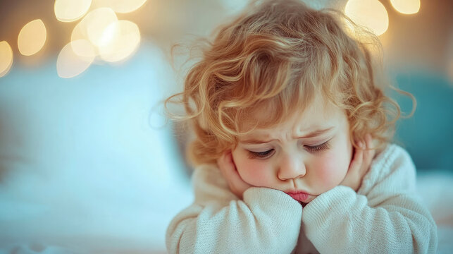 Adorable curly-haired toddler with pouting expression resting chin on hands against soft blurred background with glowing golden bokeh lights for heartwarming portrait
