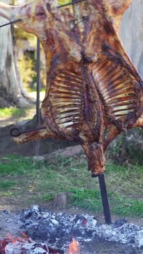 Whole traditional Argentine lamb roasted on a metal cross over hot charcoal embers outdoors