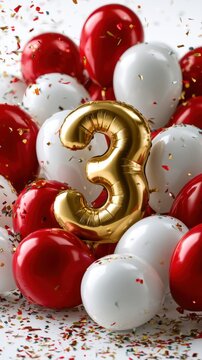 Festive cluster of red and white balloons with a large gold number three balloon surrounded by celebratory confetti for special occasion decorations