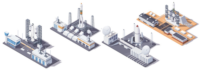 Isometric cosmodrome space center set with rockets in isometric style on white backdrop for cosmic exploration. Vector illustration © GN.STUDIO