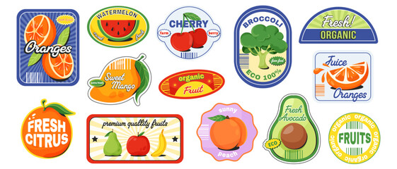 Various fruit and vegetable stickers shown in flat style on white background, concept of organic freshness. Vector illustration © GN.STUDIO