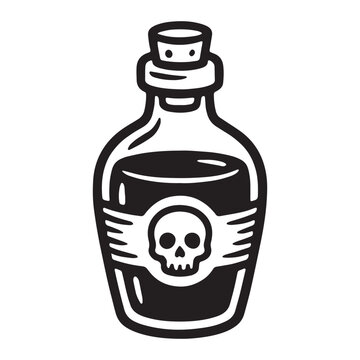 Illustration of a poison potion bottle with a skull label halloween witchcraft illustration monochrome