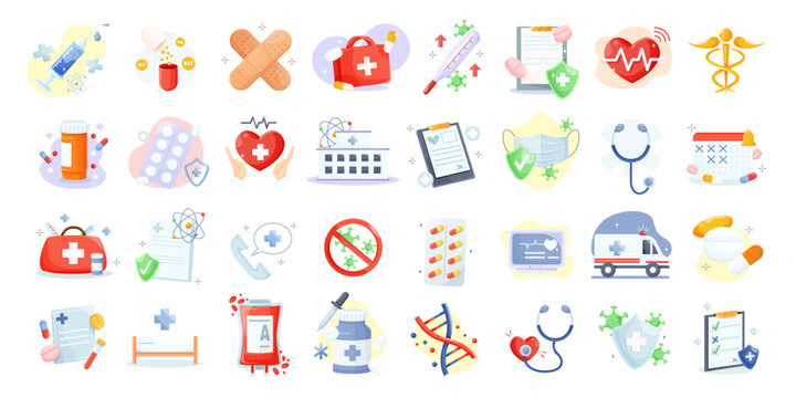 Medical icon set showing healthcare items in flat style on white background, concept of medicine, health and safety. Vector illustration