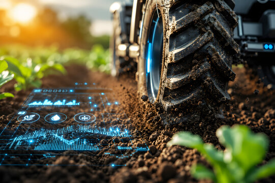 Close-up macro of an autonomous tractor wheel rolling through fertile soil with a futuristic precision farming interface, showcasing AI-powered smart agriculture, sustainability and advanced agri-tech