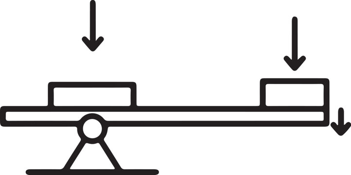 Seesaw balance icon with downward pointing arrows indicating unequal weight distribution imbalance comparison decision analysis business downward direction measurement pressure illustration
