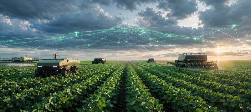 Wide panoramic soybean field with autonomous farming machines connected by glowing AI network lines under dramatic clouds, showcasing precision agriculture, smart farming and agricultural automation.
