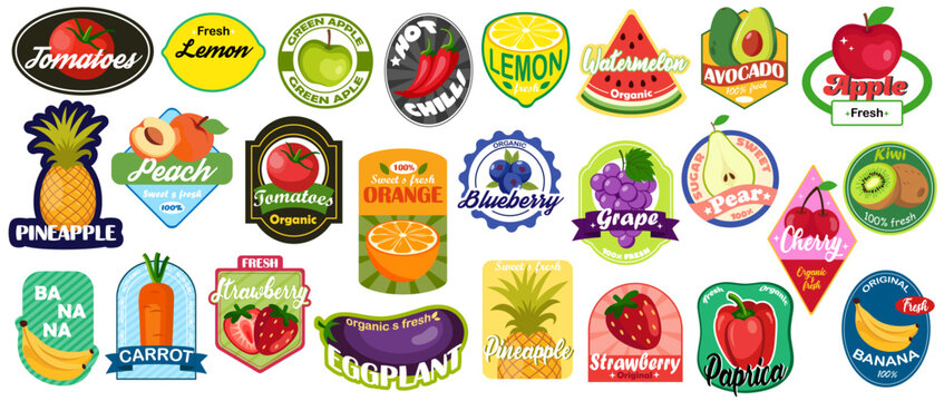 Fruit and vegetable sticker set in bright graphic style on white background showing fresh produce concept. Vector illustration