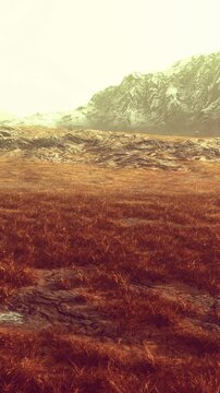 A wide view shows a grassy field in the foreground with patches of water. Snowy mountains rise in the background, shrouded in fog during the early hours of the day.
