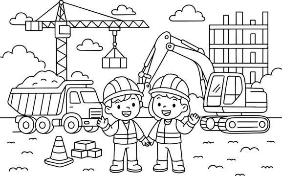 Illustration vectorielle dessin&eacute;e &agrave; la main, style gribouillage, d'un chantier de construction d&eacute;taill&eacute; &agrave; colorier pour enfants