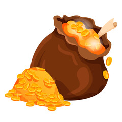 Bag of gold coins in cartoon style on a white background, symbolizing wealth and prosperity. Vector illustration © GN.STUDIO