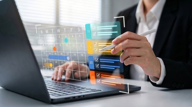 Business professional uses a digital calendar and task checklist overlay on a laptop to manage schedules and track productivity.