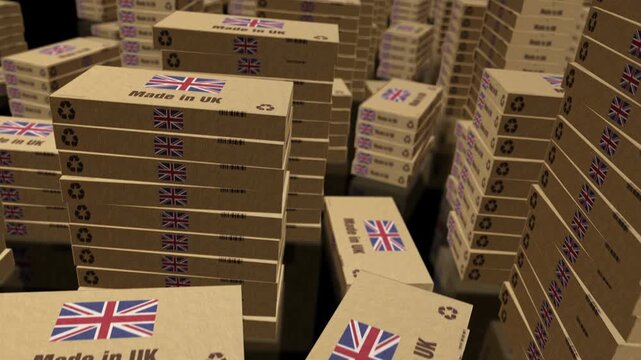 Made in UK box production line. GB export import Cardboard pack factory. Abstract concept 3d loopable seamless.