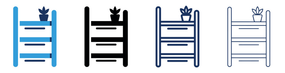 Set of four simple shelf icons with a small plant on top for interior design and home furniture decor Minimal icon set bundle collection. Editable Vector Illustration Mega pack © SIPLU