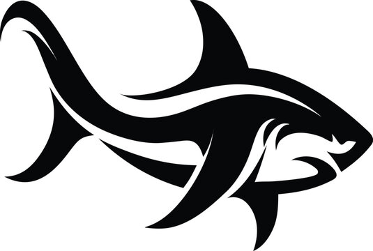 Stylized tribal shark silhouette graphic symbol featuring sharp fluid lines and bold black minimalist design for modern sports branding