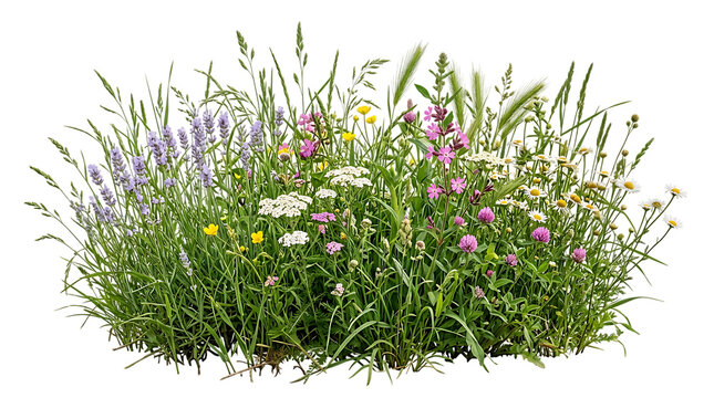 Small bush with colorful wildflowers and green grass