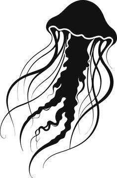Minimalist black jellyfish silhouette illustration featuring flowing tentacles isolated on a clean white background for modern graphic design projects