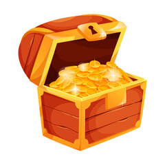 Open treasure chest with bright gold coins in cartoon style on white background showing wealth concept. Vector illustration © GN.STUDIO