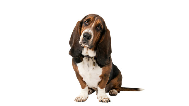 Cute basset hound dog sitting and looking at the camera