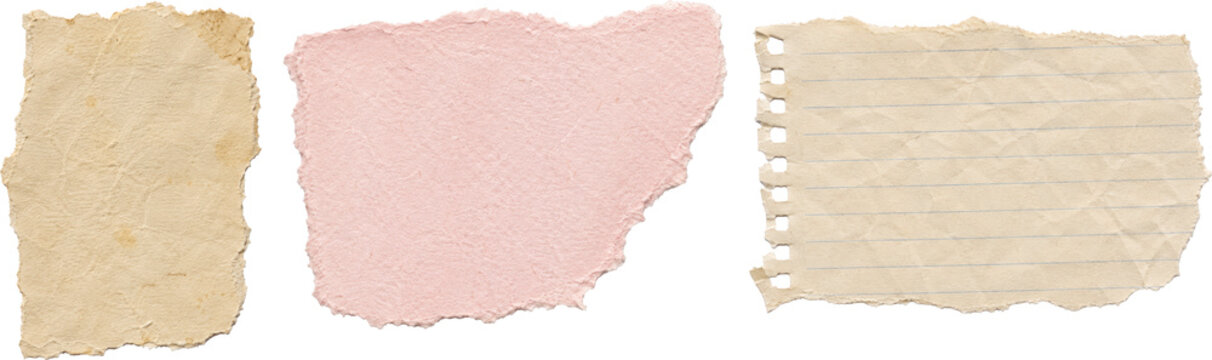 Set of torn paper scraps in soft pastel and vintage textures. Perfect for scrapbook designs, branding mockups, stationery, and creative backgrounds