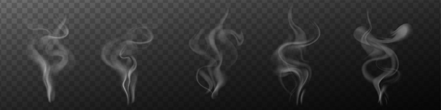 Soft swirling smoke shapes in realistic style on dark transparent background, concept of vapor and mist. Vector illustration