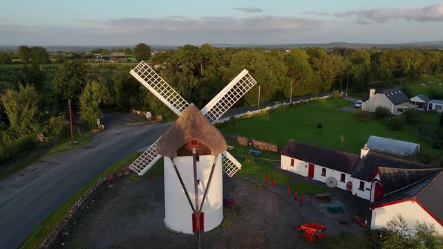 Aerial drone footage of Elphin Windmill at sunset in County Roscommon Ireland