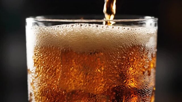 Slow push-in reveals dark carbonated soda pouring into a glass with perfect ice cubes, effervescent bubbles popping on the surface under high-contrast commercial lighting for a refreshing aesthetic.