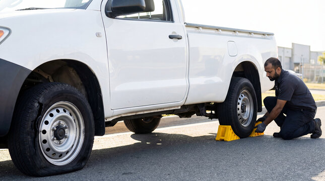 Roadside assistance mechanic securing a white pickup truck with wheel chocks before replacing a flat tire