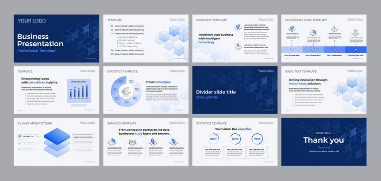 Business presentation slide deck professional template - Corporate blue and white - Cover, Contents, Agenda, Divider, Project milestones, Data charts, 3 4 column - editable vector presentation