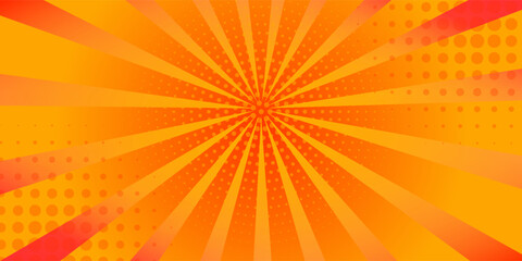 Fototapeta premium Bright orange-yellow gradient abstract background. Orange comic sunburst effect background with halftone. Suitable for templates, sales banners, events, ads, web, and pages