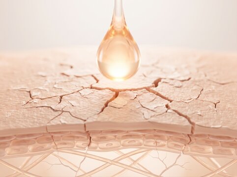 A close-up 3D visualization showing a serum droplet hydrating a layer of cracked, dry human skin.