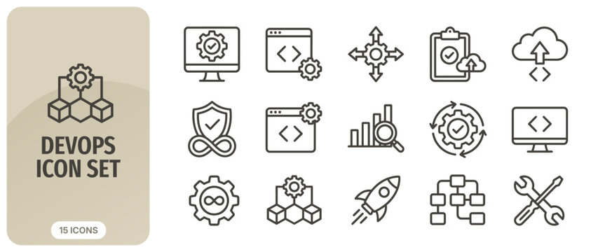 Devops icon set, vector illustration of software development and operations, continuous integration and deployment, cloud computing, automation, and infrastructure management icons
