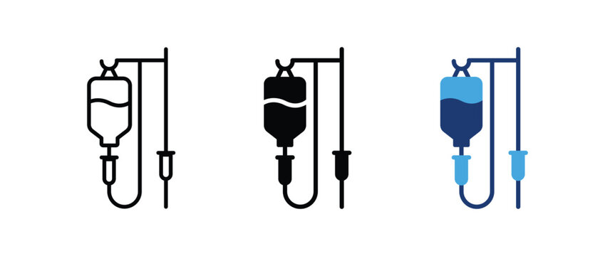 Medical iv drip saline bag, Intravenous infusion therapy icons, Hospital fluid injection symbols, Healthcare rehydration chemotherapy elements, Vector illustration