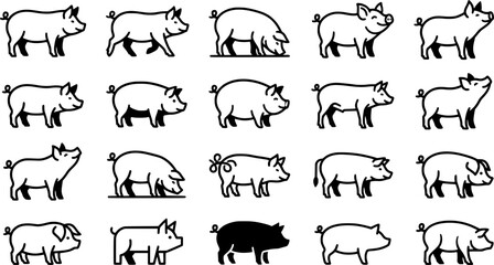 Fototapeta premium Pig Icon Set – Farm Animal Piglet Vector Outline and Silhouette Illustrations for Agriculture, Livestock, Pork, Butcher and Farm Design