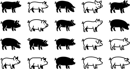 Obraz premium Pig Icon Set – Farm Animal Piglet Vector Outline and Silhouette Illustrations for Agriculture, Livestock, Pork, Butcher and Farm Design