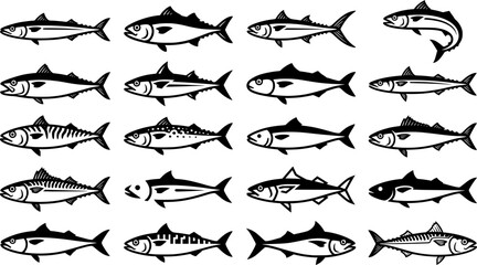 Obraz premium Tuna Fish Silhouette Illustration Set – Black Mackerel and Bonito Fish Vector Icons for Seafood, Fishing, Marine Wildlife and Ocean Design