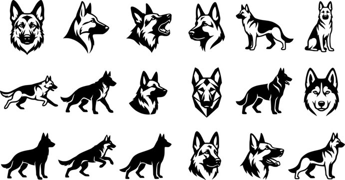 German Shepherd Dog Silhouette Logo Set &ndash; Guard Dog Head and Full Body Vector Icons for K9, Pet, Security, Mascot and Animal Branding