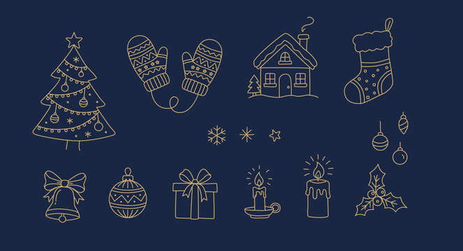 Set of Christmas doodle icons mittens, stocking, tree, bells, gifts, bauble, candle, house and snowflakes. Line art clipart for any holiday project.
