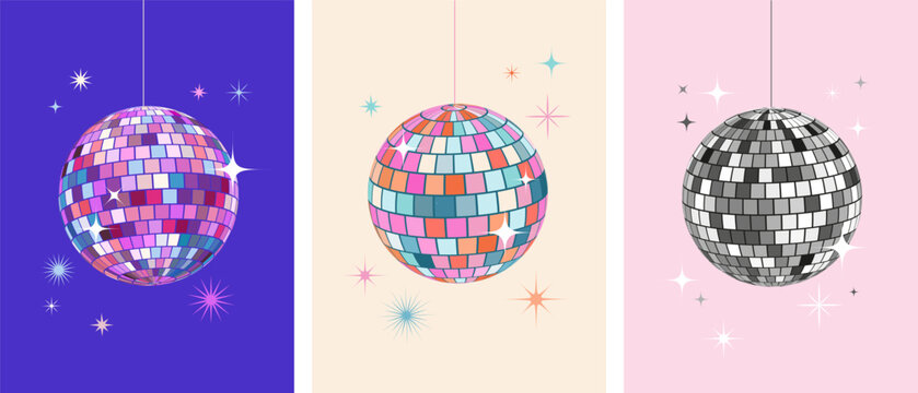 Shiny disco ball vertical poster templates with mirror mosaic tiles and sparkling reflections. Retro nightclub and dance party vector illustration.