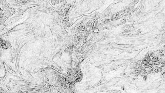 Abstract black and white monochrome background with fluid swirls and circular cell patterns. Liquid ink texture featuring wavy lines, gray tones, and fine structures creating a marble graphic design e
