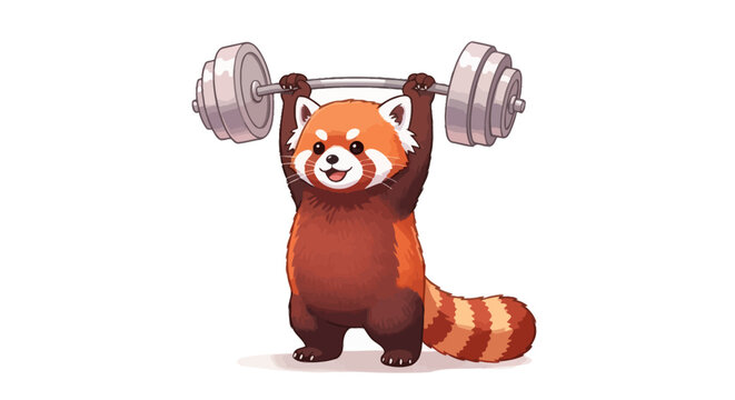 Fitness red panda, cartoon animal lifting weights, exercise illustration, gym vector