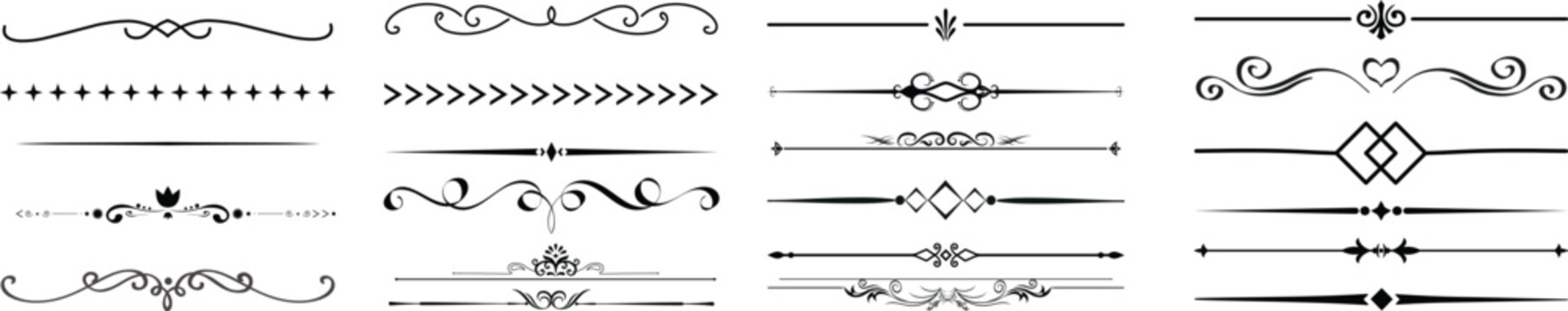 Ornate decorative divider vector set with elegant line separators, vintage flourishes, whimsical borders and creative embellishment elements eps.Border line, divider vector set, decorative.