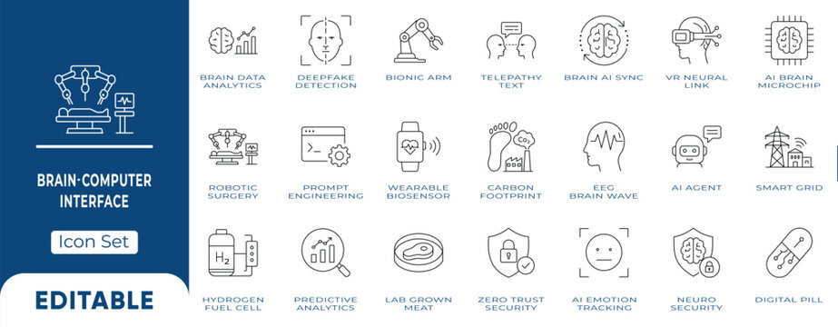 Brain-computer interface and future tech icons set. AI and biotech line icons style. Editable deepfake, neural link, prompt engineering and bionic arm. Vector illustration.
