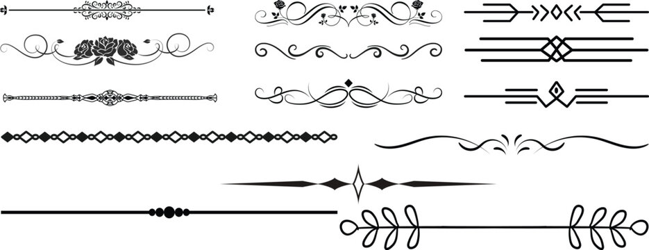 Ornate decorative divider vector set with elegant line separators, vintage flourishes, whimsical borders and creative embellishment elements eps.Border line, divider vector set, decorative.
