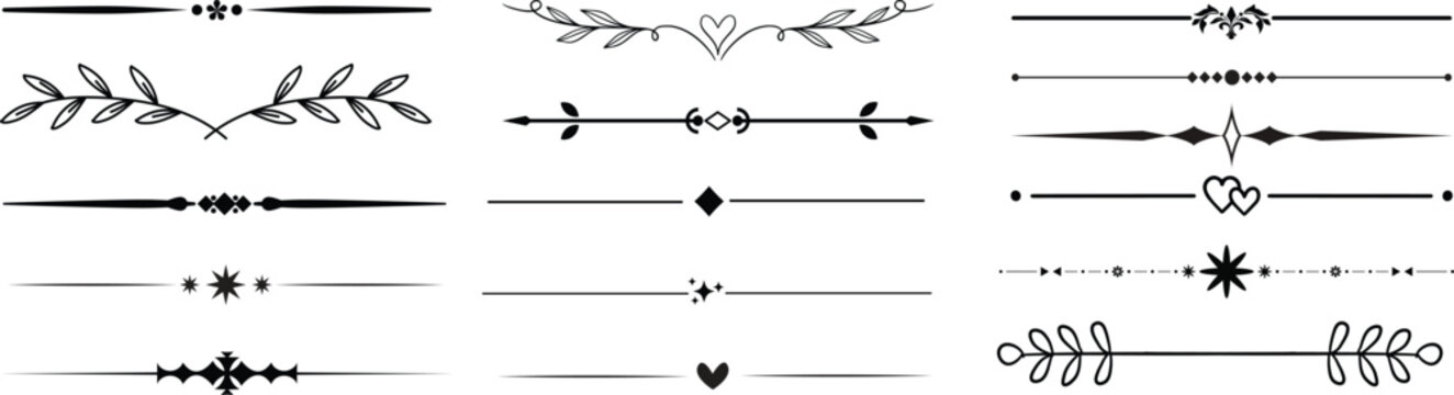 Ornate decorative divider vector set with elegant line separators, vintage flourishes, whimsical borders and creative embellishment elements eps.Border line, divider vector set, decorative.