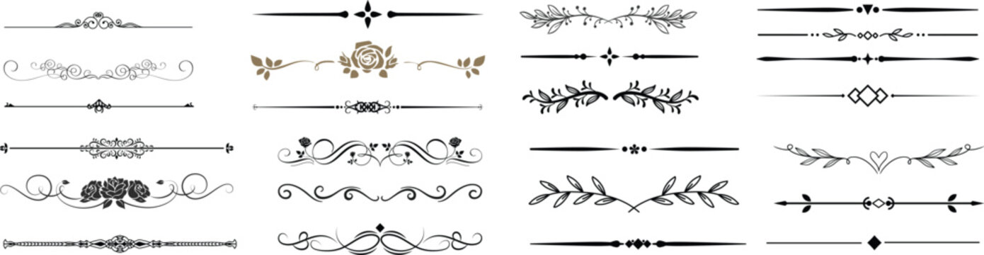 Ornate decorative divider vector set with elegant line separators, vintage flourishes, whimsical borders and creative embellishment elements eps.Border line, divider vector set, decorative.