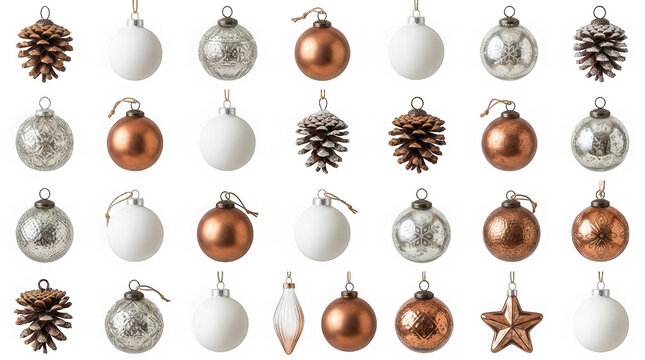 Collection of various christmas tree ornaments including pine cones, matte white spheres, and metallic copper baubles isolated on transparent background