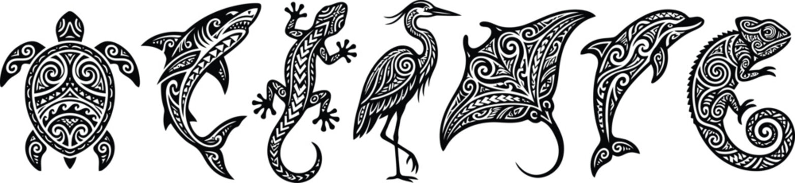 Collection of decorative animal silhouettes featuring intricate tribal patterns isolated on a plain white background surface